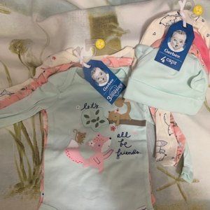 NWT Gerber Onesies (3-6m)  and Hat (0-6m) Set Girls